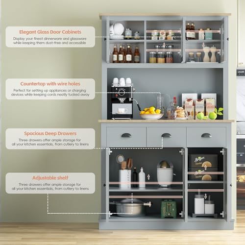 Image of MU 71 inch Kitchen Pantry Cabinet with Charging Station, Tall Kitchen Hutch with Countertop, Drawers & Microwave Shelf, Food Storage Cabinet, Grey