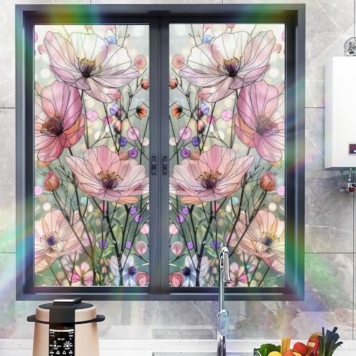 Image of Pink Cosmos Floral Stained Glass Window Film 17.32x39.37in