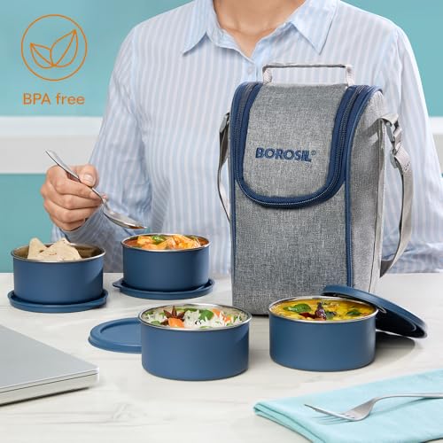 Image of Borosil Carrymore Microwavable Stainless Steel Lunchbox with Bag | 300ml x 4 pc Round Container Set | Tiffin with Food Grade Steel | Vertical | 1 Year Warranty