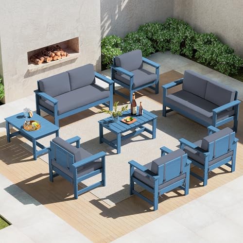 Image of SERWALL 8 Pieces HDPE Outdoor Conversation Sofa Set with Cushion, All Weather Couch Loveseat Furniture Set with Pads, Outdoor Social Sofa Coffee Table Set, Blue Frame with Grey Cushions