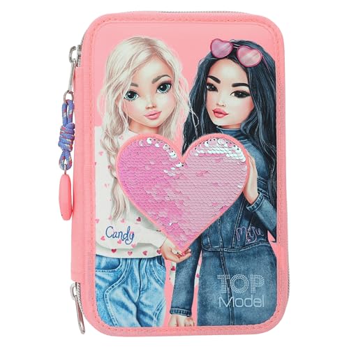 Depesche 12950 TOPModel - Estuche de 3 compartimentos en color rosa, con motivo de modelo y lentejuelas reversibles, estuche con lápices de colores, regla, tijeras y mucho más.