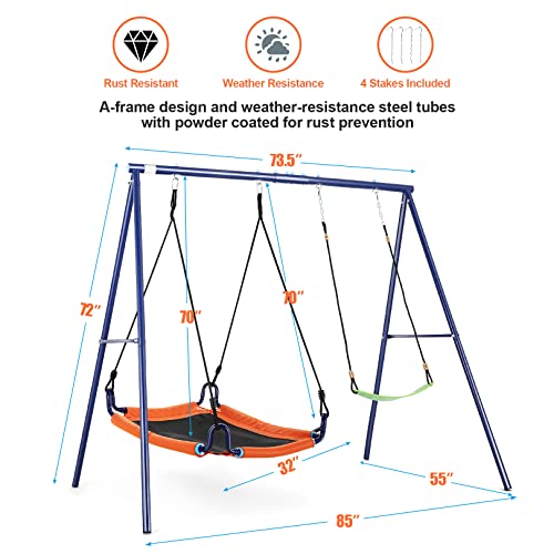 Swing Sets for Backyard, 440lbs Heavy Duty Metal A-Frame Outdoor Swing Stand, Kids Swing Sets with 1 Saucer Swing Seat, 1 Belt Swing Seat and Adjustable Rope for Playground - Thumbnail 4