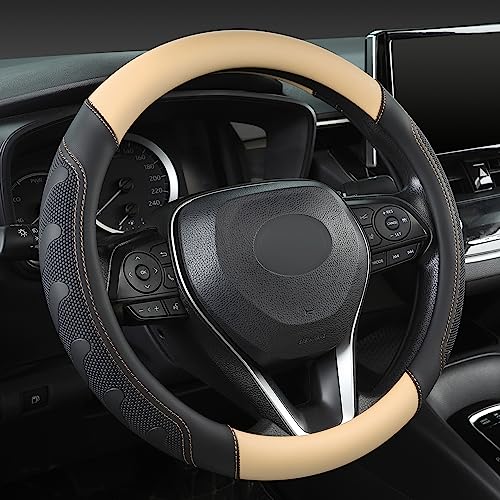 GIANT PANDA Car Steering Wheel Cover for Toyota RAV4,Camry,Highlander,Corolla,Prius,Tacoma,Standard Size - Black+Beige