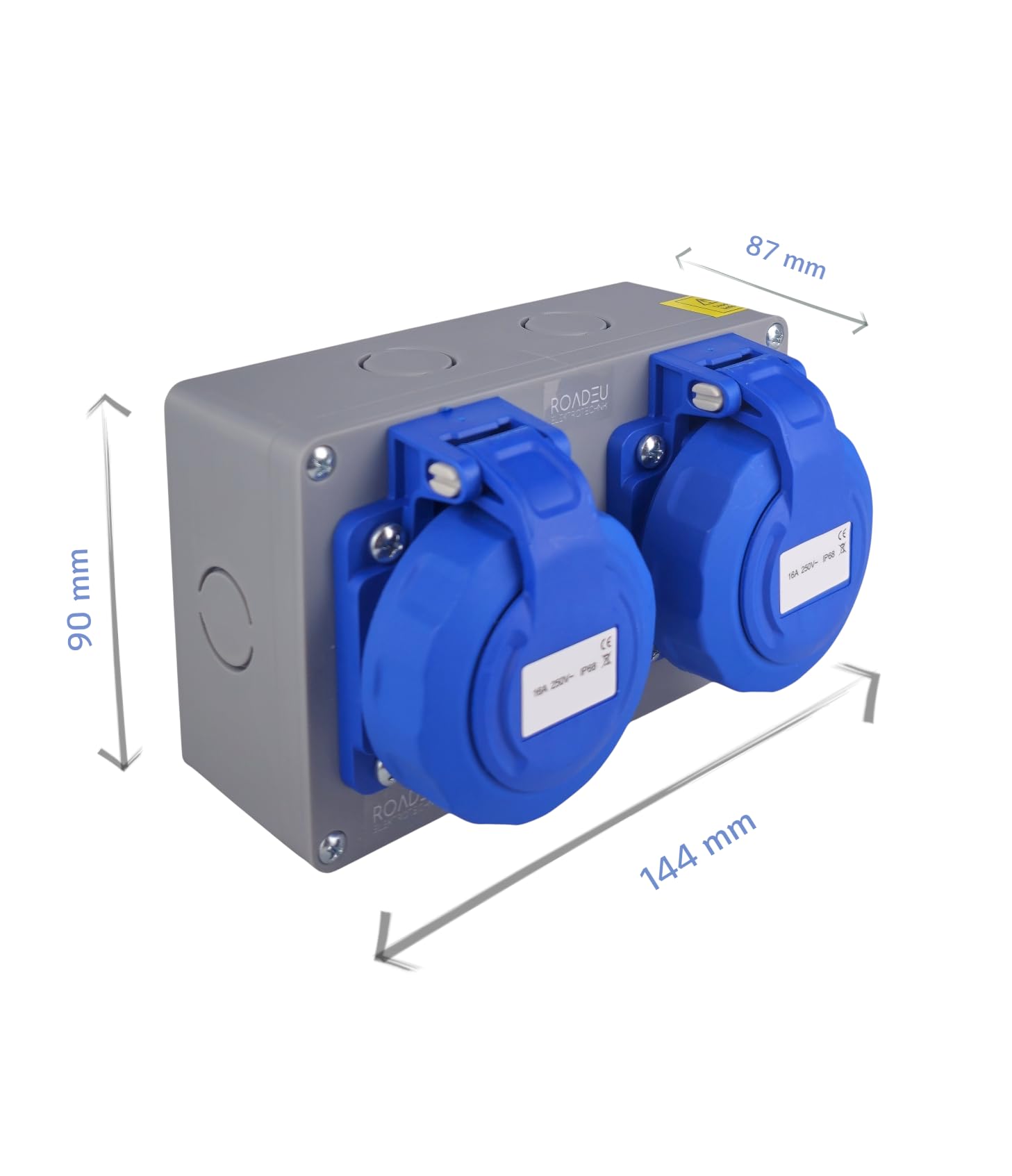 RoadEu – Doppelsteckdose 2x Schuko 230V 16A IP65 Wasserdicht | Baustromverteiler mit Schraubkappen | 2,5 mm² Verdrahtung & Außensteckdose