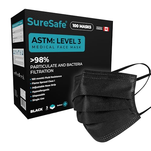 SureSafe 100 PCS ASTM Level-3 Masks Disposable, Black face mask, Medical mask, Disposable Masks with Earloops, dust mask