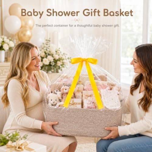 Image of OIASKET Large Empty Cotton Rope Gift Basket with Handles, 16.5 inchx12.6 inchx7 inch Decorative Woven Storage Basket with Gift Bag and Ribbon Set for Baby Shower, Toy Organizer for Kids, Dogs & Cats - Brown
