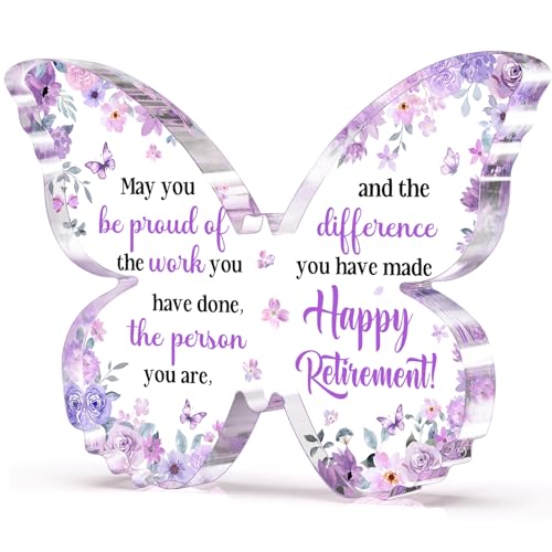 Glydein Unique Retirement Gift for Woman Men 2026, 5x3.8x0.5 Inch Purple Butterfly Acrylic Plaque Decor with Warm Words, Best Retirement Gifts for Coworker Teacher Friend Nurse Boss