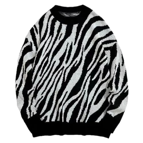 Men Hip Hop Streetwear Vintage Zebra Sweaters Loose Pullover Knit Couples Knitted Sweater