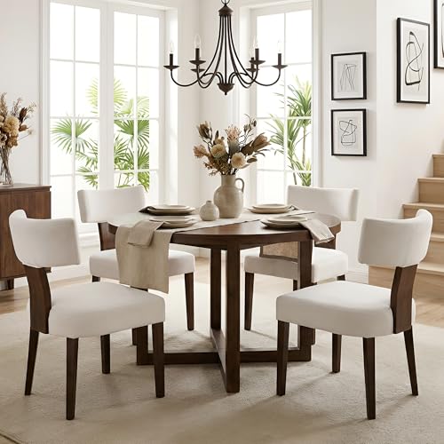 Image of HNY Set of 4 Mid Century Modern Dining Chairs, Farmhouse Velvet Upholstered Accent Chair Curved Backrest Kitchen Chairs, with Hardwood Frame, Cream, Velvet-beige