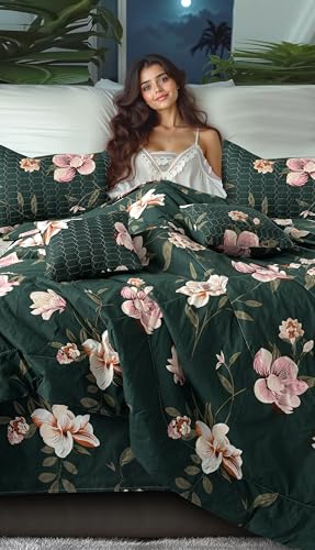 Image of Super Premium Designer 5-Piece Bedsheet Set - Double Bed Size (90 inchx100 inch) - Heavy Cotton Blend with Bedsheet, Pillow Covers & Cushion Covers (Green, 5 Pc Bedsheet Set)