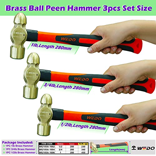 Image of WEDO 3PCS Brass Ball Peen Hammer Set,1 /2lb+3 /4lb+1lb,Fiberglass Handle,Die-Forged,Corrosion Resistant,DIN Standard