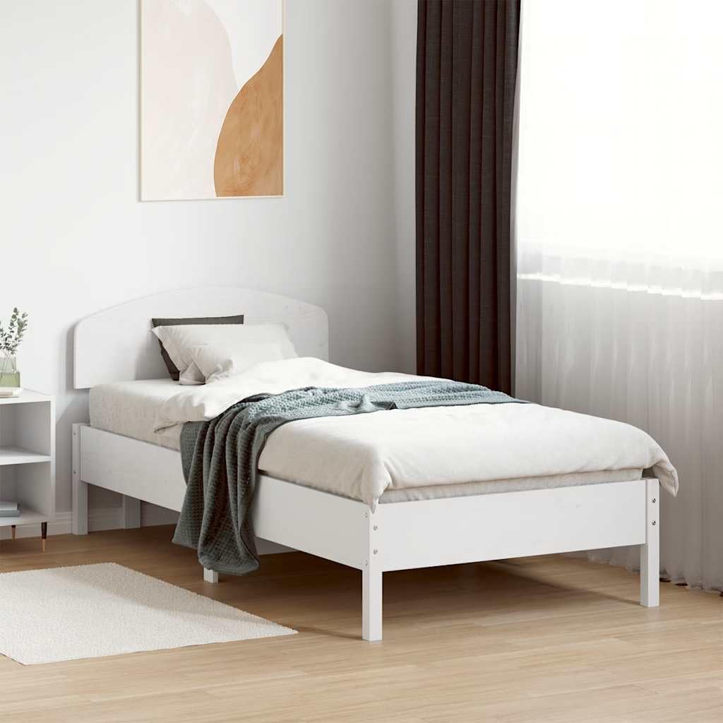 Lite drewno sosnowe z zagłówkiem Biały 75x190 cm 19.84 | Rama łóżka bez materaca biała 75x190 cm lite drewno sosnowe z zagłówkiem listwy ze sklejki do sypialni mocna konstrukcja