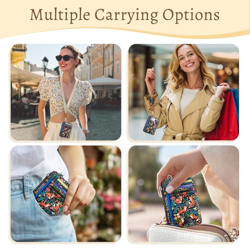 Image of Kelvoris Cute Fox Slim Wallet Women Credit Card Holder, Flower Small RFID | Keychain, Zipper Coin Pocket, Front Pocket Thin Travel Card Case, Minimalist, 6 Card Slots, 1 ID Window, Ladies Gifts Woman