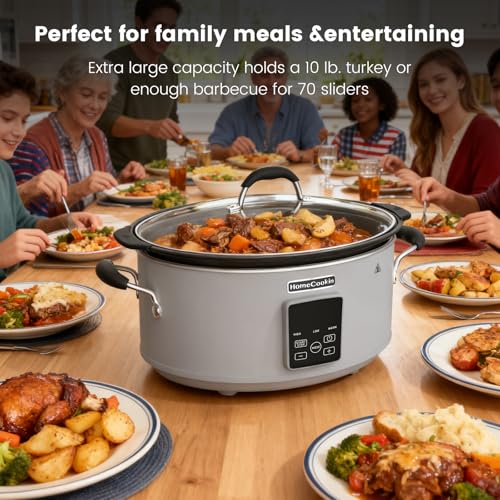 Image of HOMECOOKIN Slow Cooker, Extra Large 10 Quart Programmable Slow Cookers, Dishwasher Safe Glass Lid & Crock, Kitchen Appliance for Families and Gatherings,Grey