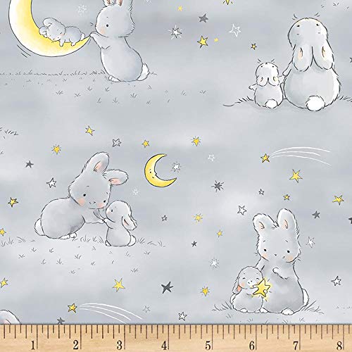 Timeless Treasures Star Flannel Bunnies and Little Ones with Moons, Yard, Grey