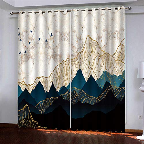 BEDSERG Lot de 2 Rideaux Occultants à Oeillets en Effet Montagnes de marbre Bleu doré Draperies Isolant Thermique avec à Rideau pour Chambre et Salon 110 x...