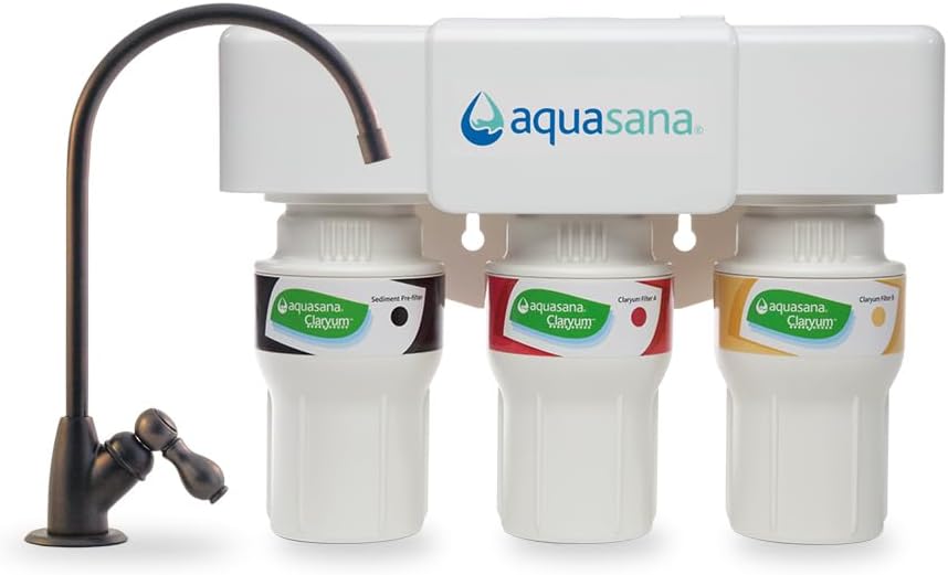 Aquasana Under Sink Water Filter System - Reduces PFAS, Lead, & Chlorine in Drinking Water - Under Counter Claryum Filtration for Kitchen - 3-Stage - Oil-Rubbed Bronze Faucet - AQ-5300.62