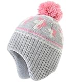 AHAHA Wintermütze Mädchen Kinder Beanie Earflap Pompon Baby Strickmütze Mädchen Grau Horse 55CM