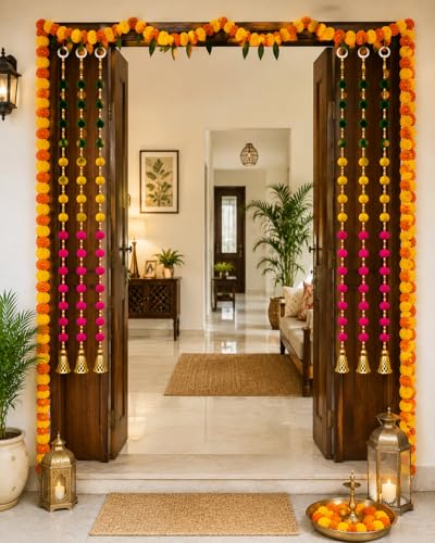 Image of BindianPom Pom Beads & Golden Bell Toran for Main Door, Pack of 10 Door Hanging Decorative Items, Home Decor Wall Hanging Decoration, Pooja Room Decor, Festival Decoration
