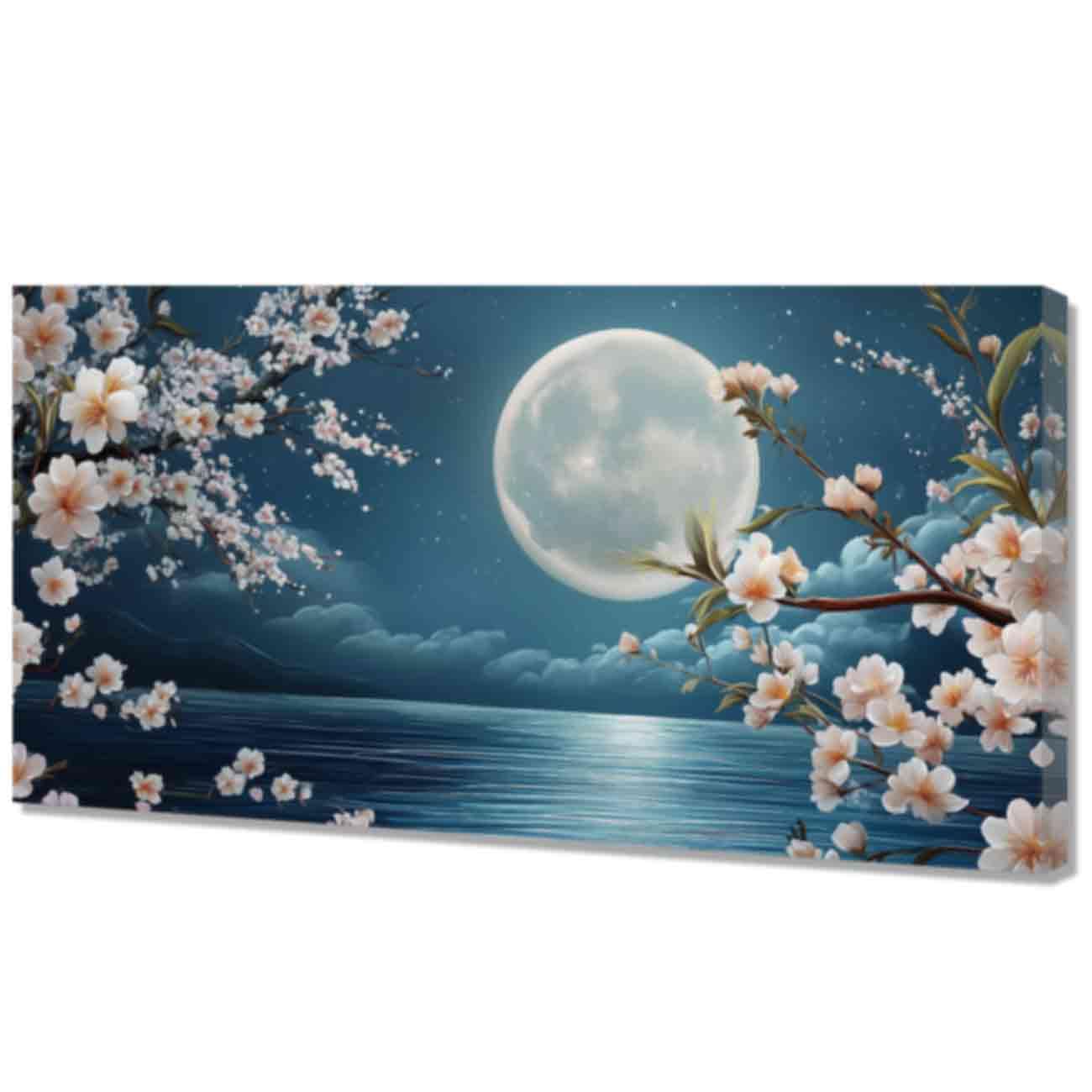 LMYSXAOZ Moon Tree Canvas Wall Art Blue Night Ocean Scenery Picture Pink Cherry Trees Painting Prints Modern Artwork Decor (Blue,40x80cm)