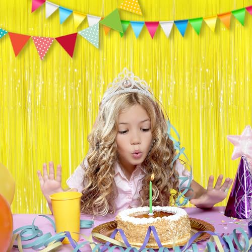 Image of Macaron Yellow Metallic Tinsel Foil Fringe Curtains, 2Pack 3.3x8.3 Feet Streamer Backdrop Curtains for Birthday Wedding Party Decorations, Halloween Decor, Foil Curtain Backdrop for Bachelorette Party