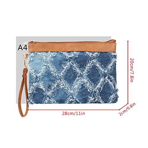 Image of Women Denim Wristlet Clutch Purses Wallet Envelope Handbag PU Leather Quilted Distressed Zipper Satchel