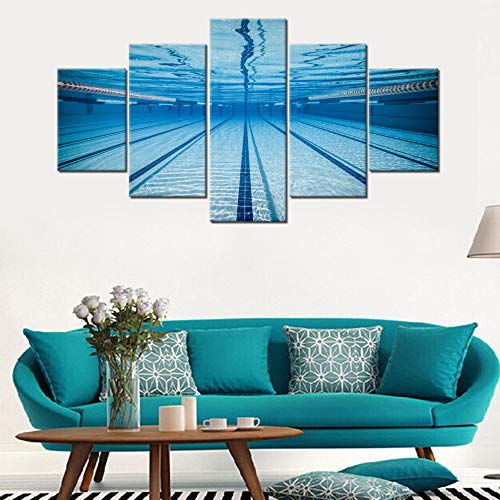 Wall Pictures For Living Room Swimming Pool Paintings Sport Swim Wall Art 5 Panel Prints On Canvas Premium Quality Artwork Contemporary House Decor Giclee Wooden Framed Ready To Hang(60''Wx32''H) #TOP1