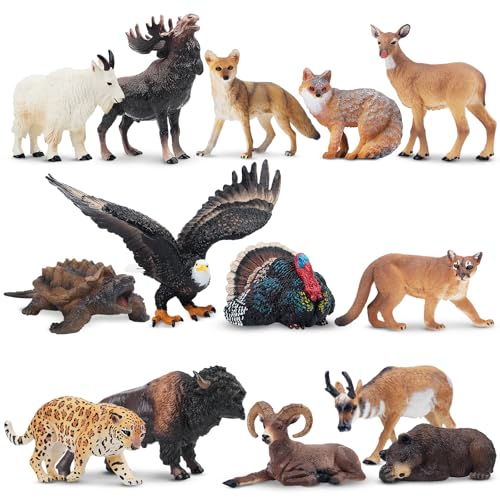Toymany 14PCS Mini North American Forest Animals Figurines, Realistic Jungle Animal Toys Includes Elk Pronghorn Leopard Gey Fox for Kids Adults...