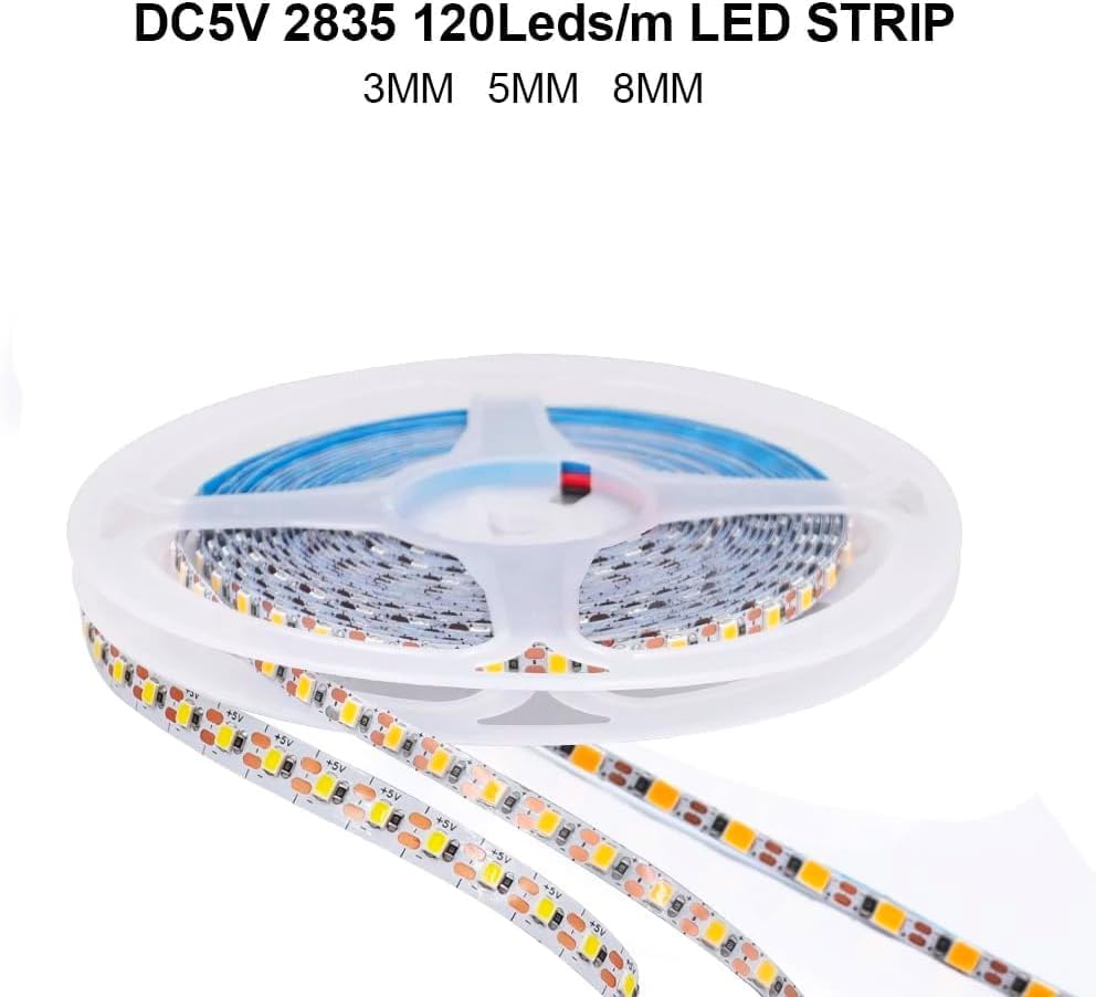 A coiled LED strip light with text indicating DC5V 2835 120Leds/m and PCB widths of 3mm, 5mm, 8mm.