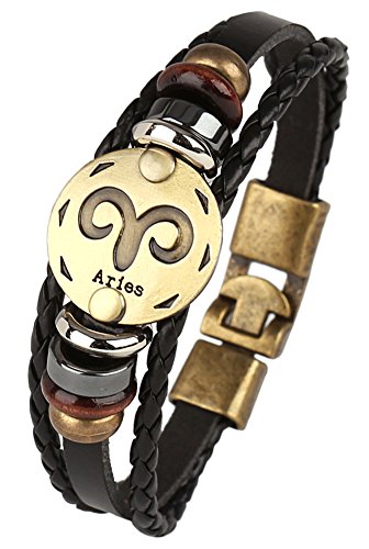 Hamoery Punk Alloy Leather Bracelet For Men Constellation Braided Rope Bracelet Bangle Wristband(Aries) #TOP2