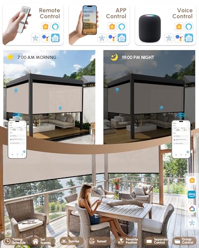 Image of Kincmo Motorized Outdoor Shades for Patio Porch, Custom Outdoor Motorized Blinds with Remote, Waterproof & Windproof Patio Shades Work with Apple Home,Alexa,Google (Beige-1% Openness)