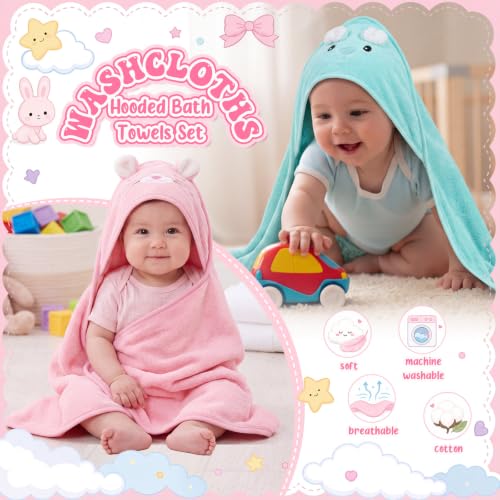 Image of Preboun 4 Pcs Baby Bath Towel 31.5 x 31.5 Inch Coral Fleece Baby Hooded Towel Absorbent Soft Babys Towels for Newborn Cartoon Animal Hooded Bath Blanket for Kids Newborn Shower (Gentle Color,Style B)