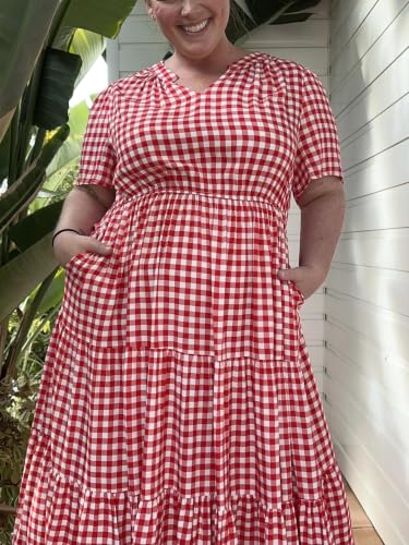 Image of TIYOMI Women Plus Size Dress Boho V Neck Short Sleeve Beach Maxi Dresses Floral /Stripe /Leaves /Lemon XL-5XL