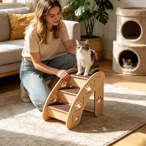 Escaleras para perro de madera triangular con alfombra para sofá y camas altas 7