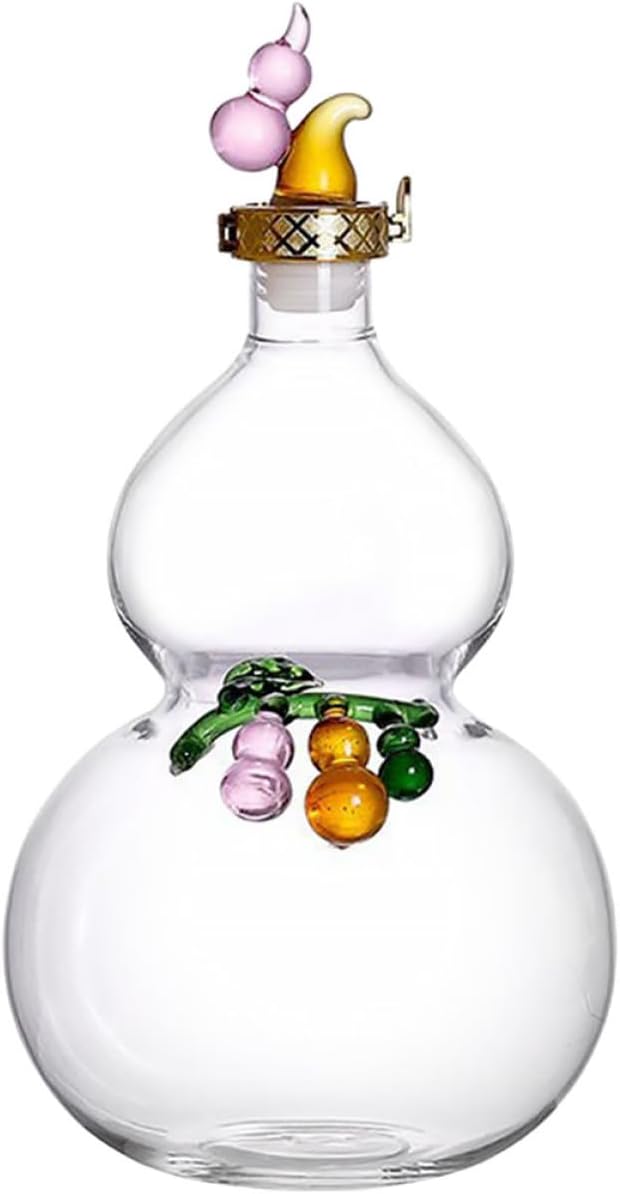 Cabilock Gourd Shaped Glass Wine Bottle 1-pint Home Wine Storage Container Artistic Liquor Holder for Brewing and Decoration Random Color