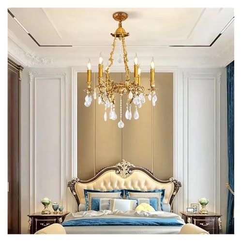 Chandeliers, French Luxury Lighting Crystal Copper Chandelier Villa Antique Dinning Room Fixture Brass Candle Pendant Light(Warm Light,6lights D50 H75cm)