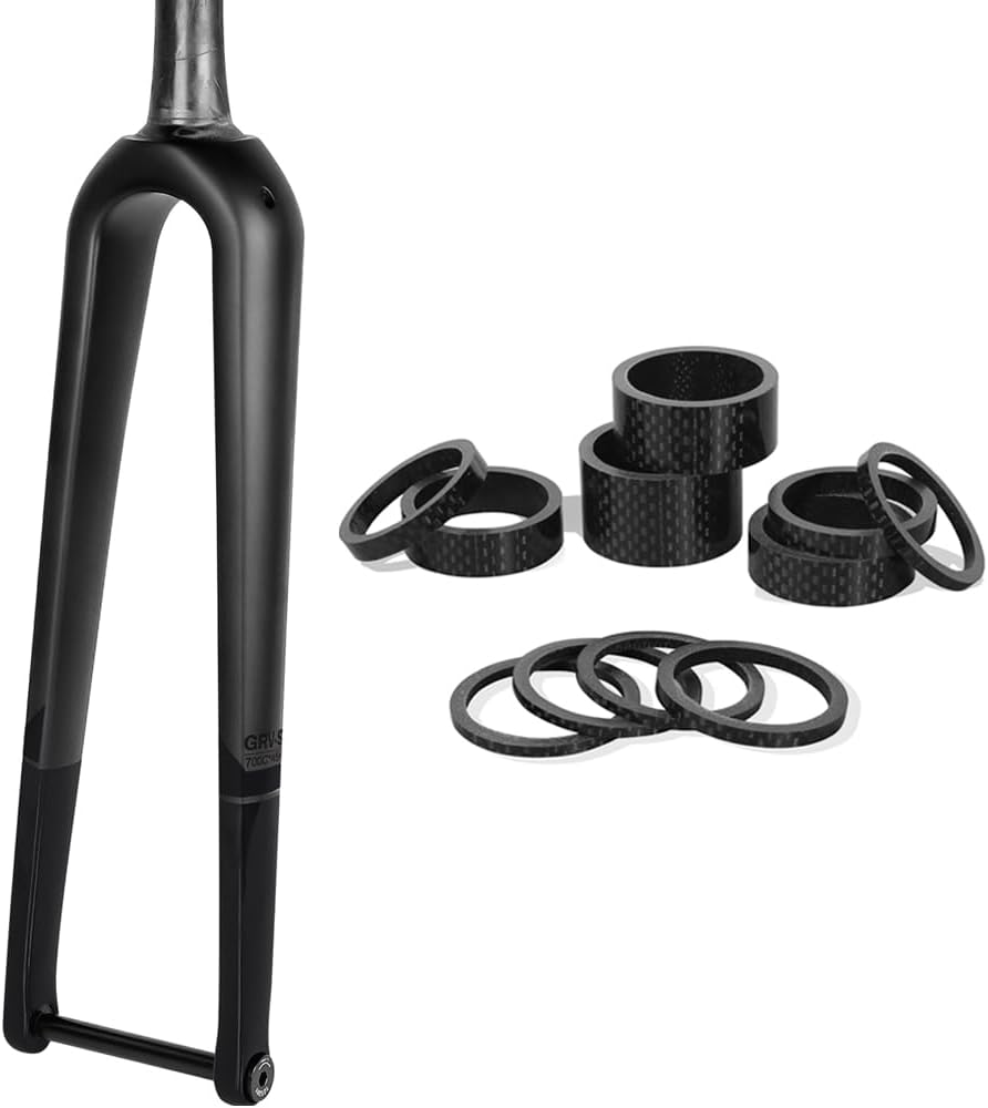BUCKLOS 700c Carbon Fiber Rigid Tapered Thru Axle Road Bike Fork & 11PCS Headset Spacer Matte