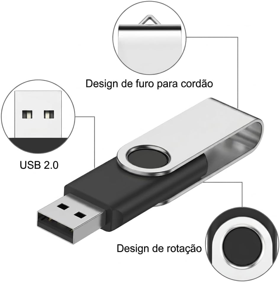 Pen drive USB 2.0 Portátil Alta Velocidade Portátil com Proteção Giratória Ideal para Fotos Vídeos PC TV Notebook e Som automotivo (16, GB)