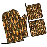 Juego de 4 manoplas de horno y soportes para ollas, almohadillas calientes con estampado de zanahoria para cocina, guantes de horno impermeables antideslizantes resistentes al calor para hornear, asar