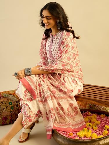 Image of INDO ERA Women Pure Cotton Kurta Set with Dupatta | Festive Suit Set