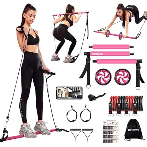HOTWAVE Pilates Bar Kit with Resistance Bands, Pilates Equipment with AB Roller Multifunctional Stretched Fusion Pilates Bar - Portable Pilate Bar for Abs Workout, Exercise Fitness for Home Gym Cover