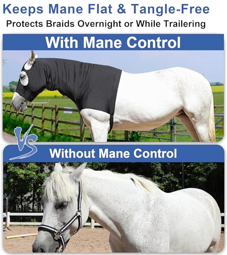 Image of Horse Slinky Hood with Zipper, Stretch Spandex Sleazy Hood for Mane Protection, Breathable Horse Neck Cover for Show Prep, Braids Saver, Sleek Grooming Under Blanket Use Black Medium