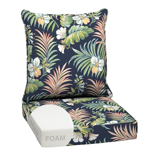 Image of Arden Outdoor Foam Deep Seat Cushions Set, 24x24, Premium High-Density Foam, Never Flattens, Weather-Proof for Patio Chair Sofa Couch, Simone Blue Tropical