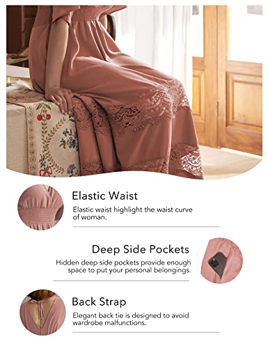 Image of Olaesa Boho Maxi Dress V Neck Short Sleeve Lace Smocked Waist Flowy Dress | Wedding Guest Dress with Pockets, Summer Bohemian Vacation Dress, Elegant Party Dress for Family photo& Baby Shower