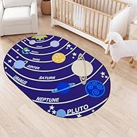 USTIDE Kids Runner Rug Outer Space Planets Playmat Dark Blue Educational Galaxy Learning Rug Machine Washable Oval Carpet for Bedroom Playroom Nursery Classroom Girls Boys Room Decor, 80x120cm