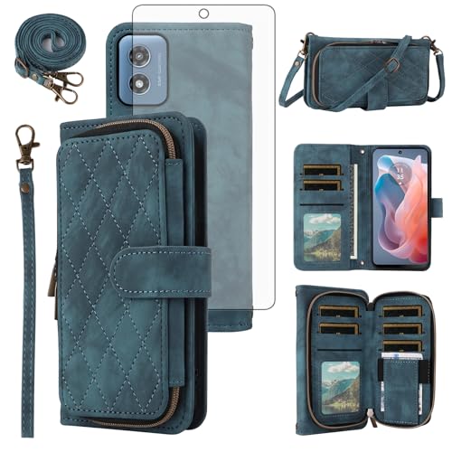 Étui portefeuille Motorola Moto G Play 2024 bleu avec verre trempé et fermeture éclair
