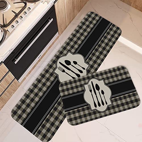 Artsocket Kitchen Rugs And Mats Non Skid Washable Set Of 2, Buffalo Plaid Black Kitchen Runner Rug, Knife And Fork Farmhouse Kitchen Floor Mat Under Sink Mat Throw Rug For Kitchen Doormat #TOP15