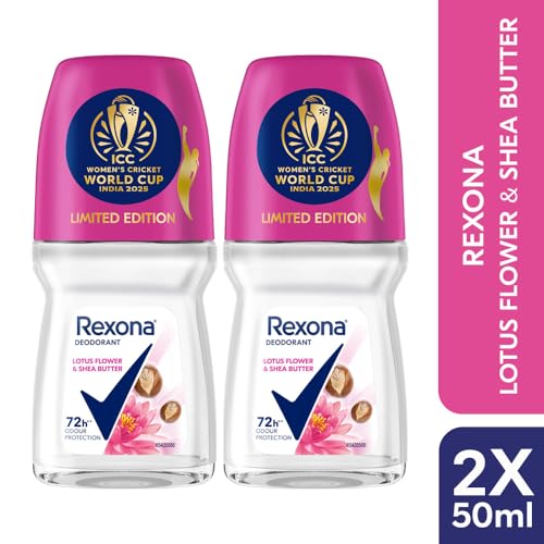 Image of Rexona Lotus Flower & Shea Butter Antiperspirant Roll-On | for Women |72H Odour Protection | Limited Edition Pack - ICC Women's Cricket World Cup India 2025 |50 ML (Pack of 2)