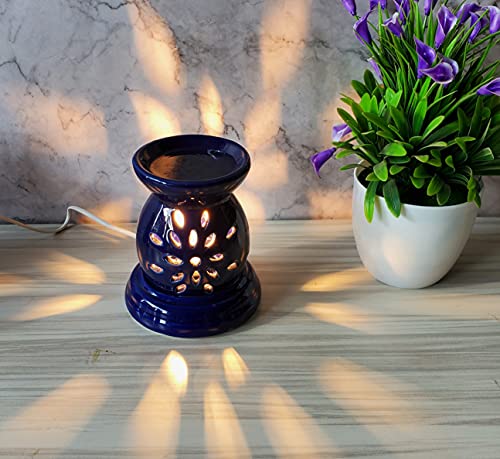 Image of Indian Fragrance Ceramic Electric Aroma Diffuser Lamp| Oil Burner Night Lamp for Home, Bedroom & Office | Decorative Fragrance Diffuser with Warm Light (Nevy Blue, Rose)