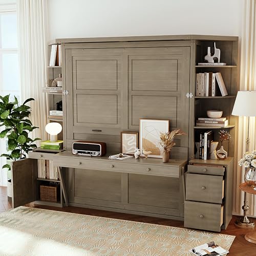 Queen Murphy Bed with Desk,Storage Shelves and LED Lights,Wood Hidden Folding Farmhouse Murphy Wall Bed with Storage Cabinets Bookcase Drawers & Shelves for Adults,Space-Saving (Queen,Natural Wood)